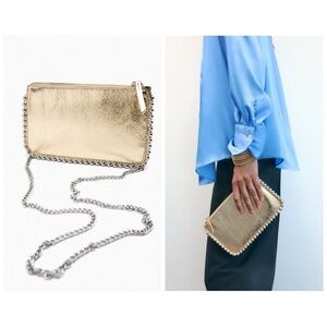 Zara Golden Chain Removable Crossbody Bag Studded Zip Multi Travel Clutch Party